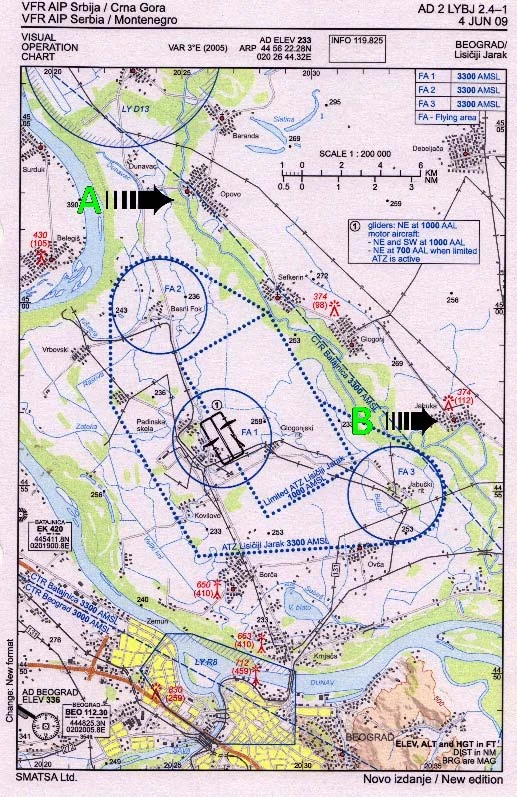 Navigacija - Na priloženoj karti rastojanje između tačaka A i B je 9 cm. Koliko je to Nm? (Pogledajte PPL Nav-2)
